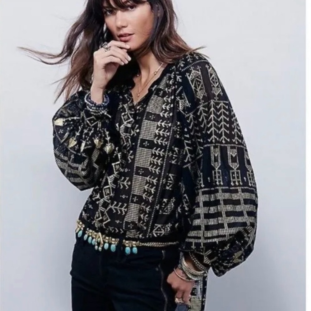 Free People New Romantics Palacio dolman sleeve black gold blouse size S NWOT